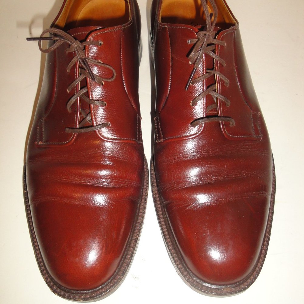 FRENCH SHRINER VINTAGE COGNAC BROWN LEATHER OXFORDS, MENS SHOE SIZE 12 D
